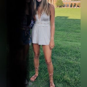 ZARA Size S ~Lace Romper Halter Top Tie Back Shorts ~Tan Resort Beach Pool Wear